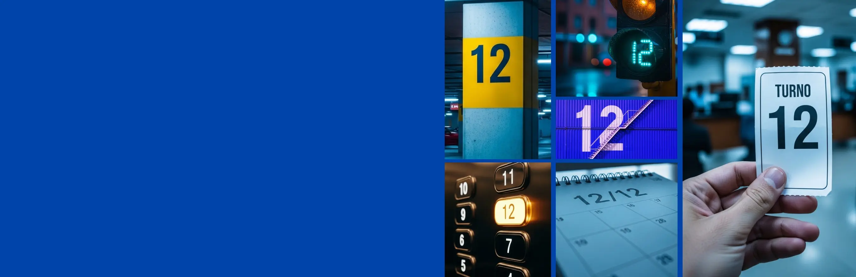Promoción de CDT digital del Banco de Bogotá con tasa de hasta 12% E.A., collage de imágenes con número 12 en ascensor, semáforo, calendario y turno.