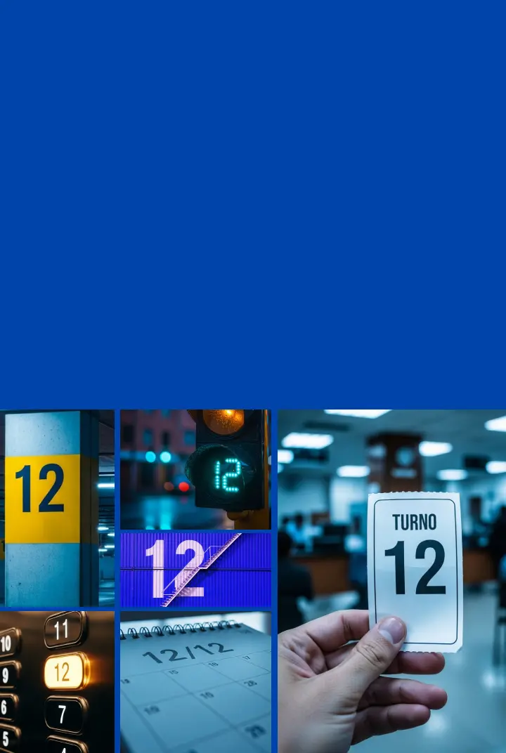 Promoción de CDT digital del Banco de Bogotá con tasa de hasta 12% E.A., collage de imágenes con número 12 en ascensor, semáforo, calendario y turno.