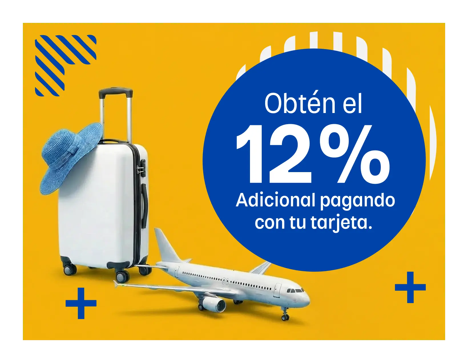 Promoción del Banco de Bogotá para tarjetas de crédito y débito Visa y Mastercard con beneficios de viaje, maleta y avión sobre fondo amarillo y descuento adicional.